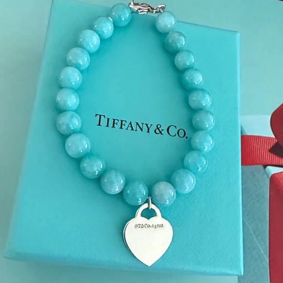 🩵7 1/2” Tiffany & Co. 8mm Bead PRTT Heart Tag Bracelet - Picture 3 of 12